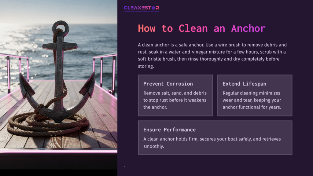 A Large, Weathered Anchor With Thick Rope Rests On A Wooden Dock, With The Ocean And Sunlight Glinting In The Background. Text On The Right Reads &Quot;How To Clean An Anchor&Quot; And Provides Cleaning Tips.