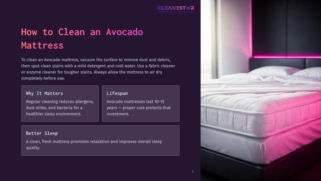 1 How To Clean An Avocado Mattress A White Avocado Mattress Is Displayed On A Dark Bed Frame, Illuminated By Vibrant Pink And Purple Lighting, With Text Overlaying The Left Side Of The Image Detailing How To Clean An Avocado Mattress.