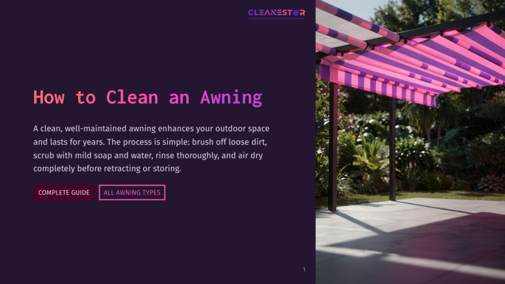 A Vibrant Pink And Purple Striped Awning Extends Over A Patio, Shading A Concrete Floor And Lush Green Plants. The Text &Quot;How To Clean An Awning&Quot; Is Prominently Displayed In White And Purple.
