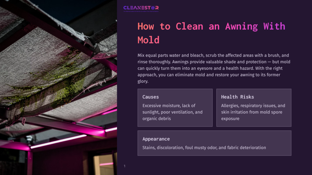 Close-Up Of A Dirty, Mold-Covered Awning With Green Mold And Mildew, Illuminated By Pink Led Lights At Night.