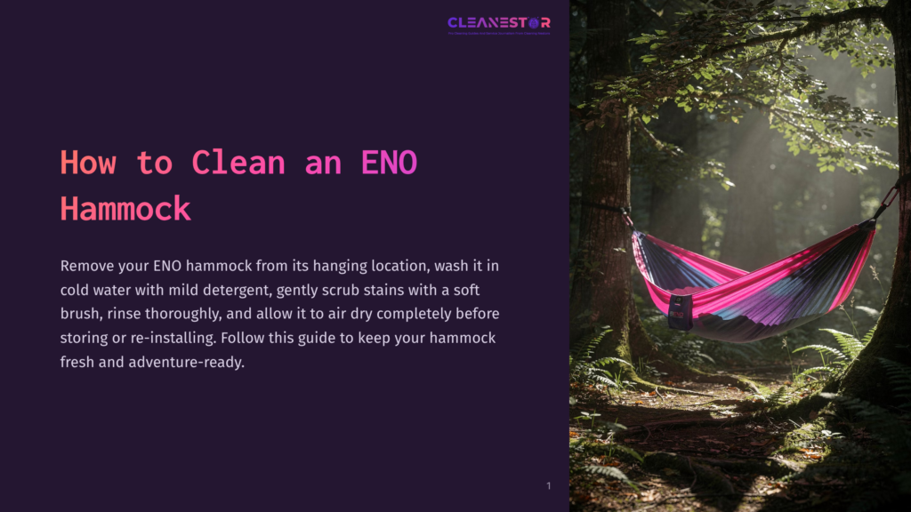A Pink And Purple Eno Hammock Hangs Between Two Large Trees In A Sun-Dappled Forest. The Text &Quot;Cleanestor&Quot; Is Visible In The Top Right Corner.