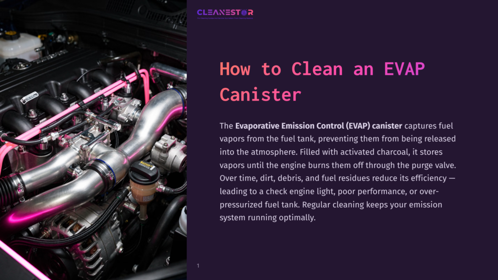 Close-Up Of A Car'S Engine Bay, Featuring Polished Silver Pipes, Hoses, And Engine Parts, Illuminated By Vibrant Pink Neon Lighting. The &Quot;Cleanestor&Quot; Logo Is Visible At The Top.