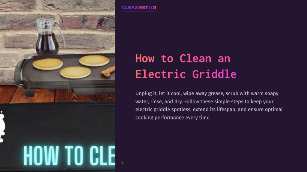 Electric Griddle With Pancakes And Bacon, With &Quot;How To Clean An Electric Griddle&Quot; Text Overlay. Includes A Bottle Of Syrup.