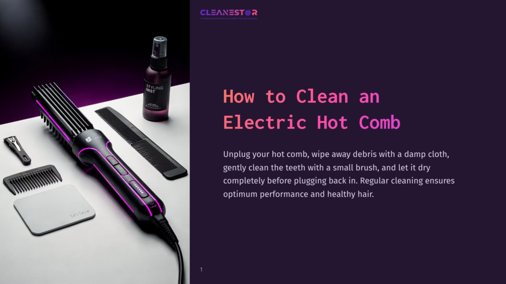 1 How To Clean An Electric Hot Comb An Electric Hot Comb With Pink And Black Accents, Along With A Styling Comb, A Spray Bottle, And A Cleaning Brush, Are Laid Out On A Dark Surface. The Text &Quot;How To Clean An Electric Hot Comb&Quot; Is Prominently Displayed.