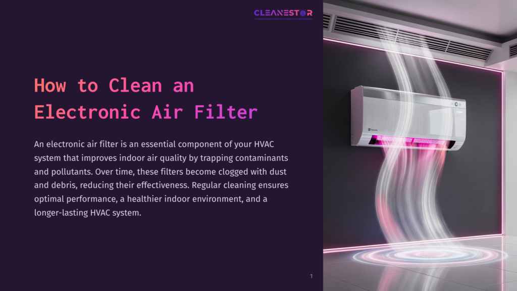 A White Electronic Air Filter Unit Mounted On A Dark Wall, With Bright Pink And White Light Streams Flowing Out, Illustrating How To Clean An Electronic Air Filter. The Text &Quot;Cleanestor&Quot; Is Visible At The Top.