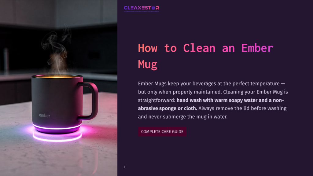 A Dark Gray Ember Mug Sits On A White Countertop, Emitting A Colorful Purple And Pink Glow From Its Base And Steam From Its Rim. The Text &Quot;Cleanestor&Quot; And &Quot;How To Clean An Ember Mug&Quot; Is Visible.