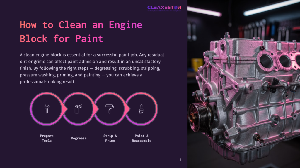 Diagram Showing The Four Steps To Clean An Engine Block For Paint: Prepare Tools, Degrease, Strip &Amp; Prime, And Paint &Amp; Reassemble. The Engine Block Is Shown In The Background.