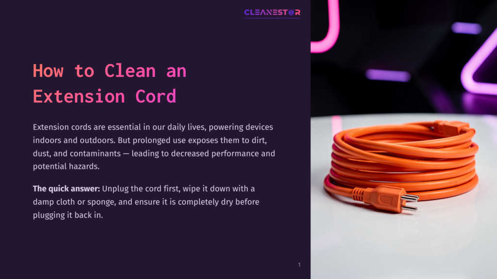 1 How To Clean An Extension Cord An Orange Extension Cord Is Coiled Neatly On A White Surface, With A Blurred Background Of Pink Neon Lights. The Text &Quot;How To Clean An Extension Cord&Quot; Is Visible On The Left.