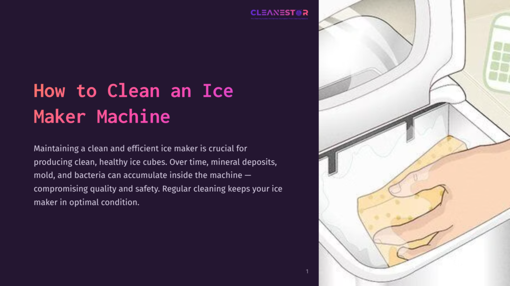 A Hand Holding A Yellow Sponge Cleans The Interior Of A White Ice Maker, Showing The Process Of How To Clean An Ice Maker.