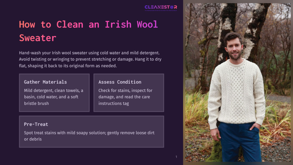 A Smiling Man Stands Outdoors Wearing A Cream-Colored Cable-Knit Irish Sweater And Blue Pants, With A Lush Green Forest And Fallen Leaves In The Background. The Image Includes Text: &Quot;Cleanestor How To Clean An Irish Sweater&Quot;.