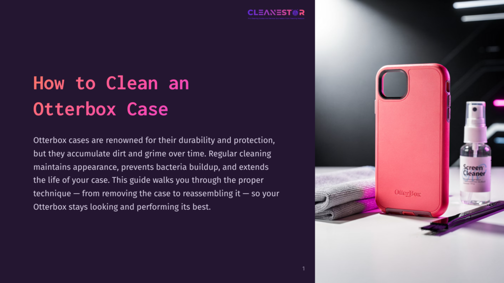 A Pink Otterbox Case Next To A Small Spray Bottle Of Screen Cleaner, With A Cloth Nearby On A White Surface, Against A Dark Background.