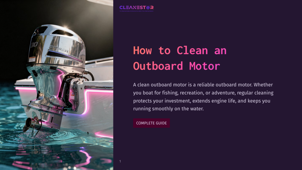 A Powerful Chrome Outboard Motor With The Number 30 On Its Side Is Submerged In Shimmering Turquoise Water, With Neon Pink Lights Reflecting On The Boat'S Hull. Text Reads &Quot;Cleanestor&Quot; And &Quot;How To Clean An Outboard Motor.