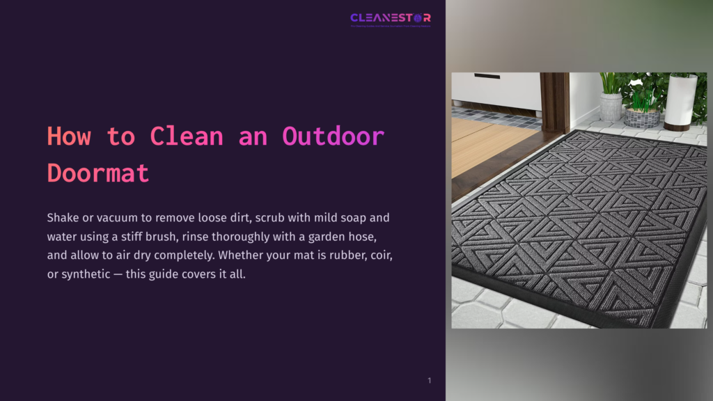 1 How To Clean An Outdoor Doormat A Dark Grey Outdoor Doormat With A Geometric Triangle Pattern Sits On A Tiled Floor, With A Doorway And Plants Visible In The Background. The Image Is Part Of A Guide On &Quot;How To Clean An Outdoor Doormat&Quot;.