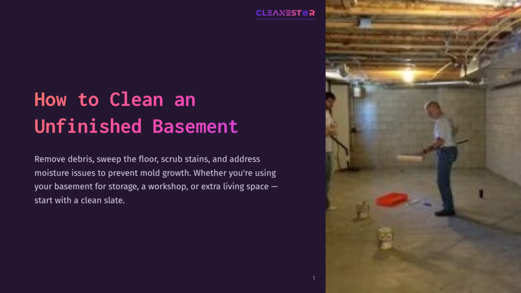 Man In A White T-Shirt And Jeans Painting The Concrete Floor Of An Unfinished Basement With A Roller. The Basement Has Exposed Joists And Pipes Overhead.