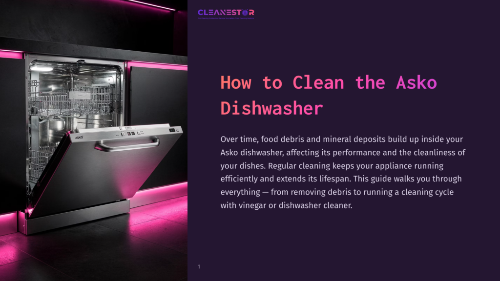 1 How To Clean The Asko Dishwasher An Open Asko Dishwasher With Its Interior Racks Visible, Illuminated By Pink Led Lighting. The Text &Quot;How To Clean The Asko Dishwasher&Quot; Is Overlaid On The Image.