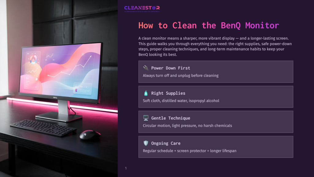 A Clean, Modern Benq Monitor Sits On A Dark Desk, Reflecting Pink And Purple Light. The Screen Displays A Colorful Graph With Rising Lines. A Keyboard And Mouse Are In The Foreground, With Text Overlaying The Right Side Of The Image Detailing &Quot;How To Clean The Benq Monitor&Quot; With Steps Like &Quot;Power Down First&Quot; And &Quot;Right Supplies.