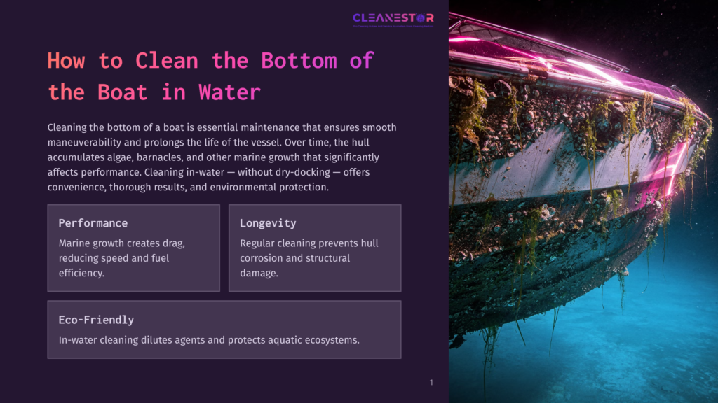 An Underwater View Of A Boat Hull Covered In Algae, With A Close-Up Of The Algae Growth. The Water Is Clear, And The Boat Is Illuminated By Pink Light.