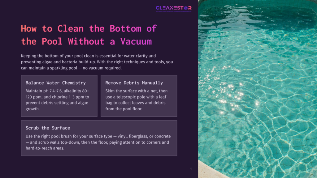 Cleanestor Logo With Text &Quot;How To Clean The Bottom Of The Pool Without A Vacuum&Quot; Over A Sparkling Blue Pool With Sunlight Reflecting On The Water.