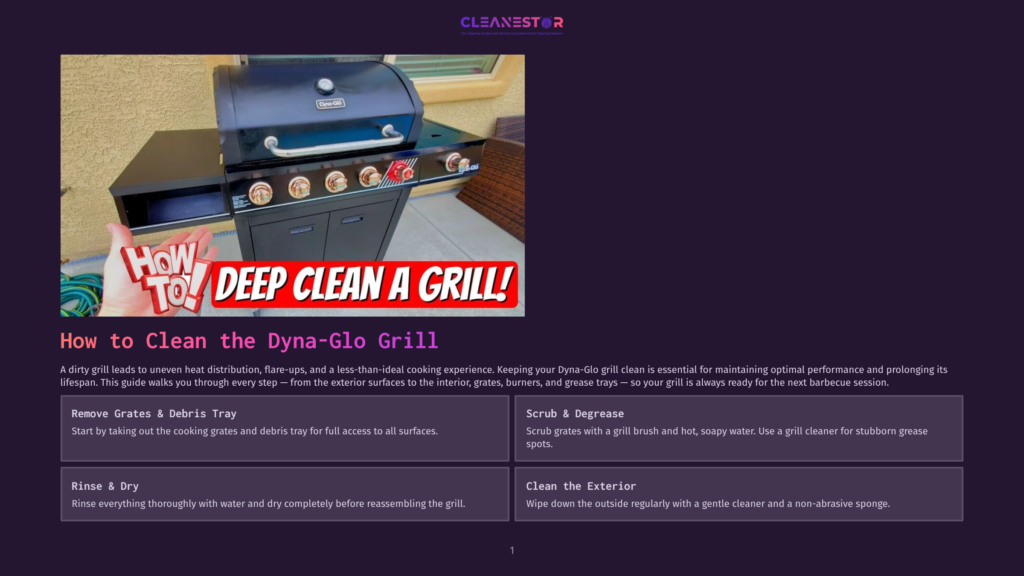 An Image Of A Dyna-Glo Grill Is Shown, With A Person Holding A Sign That Says, &Quot;How To: Deep Clean A Grill,&Quot; On The Left Side Of The Image. The Grill Is Black And Silver In Color, With A Large Text That Reads &Quot;Dyna-Glo&Quot; On The Front, And A Few Burners On The Bottom. The Grill Is Placed On A Wooden Surface, Probably In A Backyard.