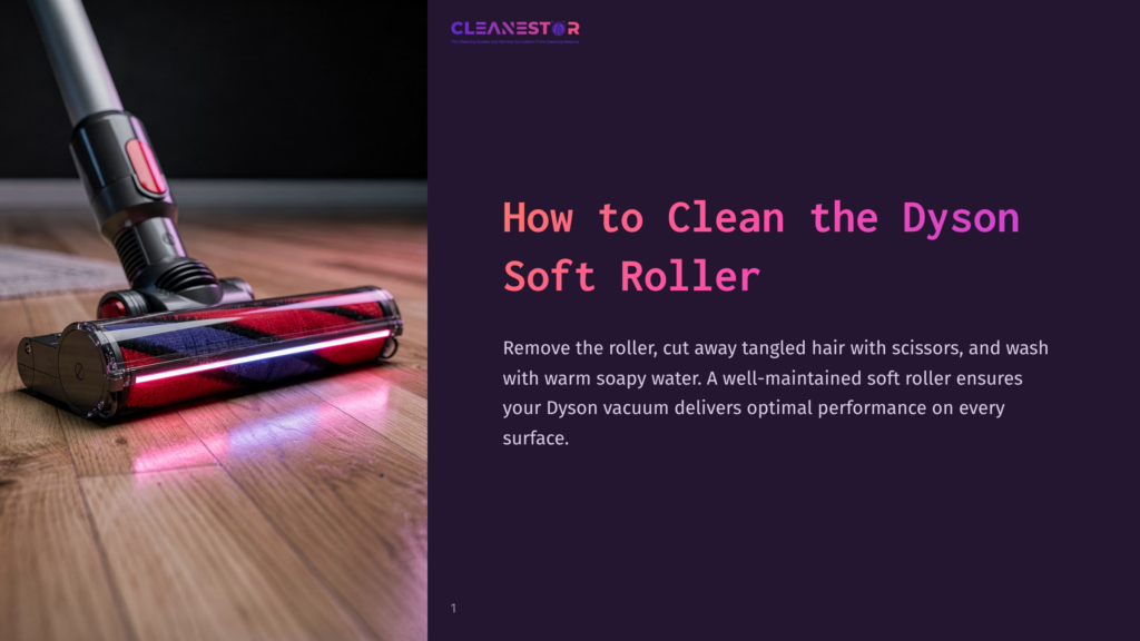 Close-Up Of A Dyson Vacuum Cleaner'S Soft Roller Brush Head With Red And Blue Bristles, Illuminated By Led Lights, Resting On A Wooden Floor. Text Overlay Reads &Quot;How To Clean The Dyson Soft Roller.