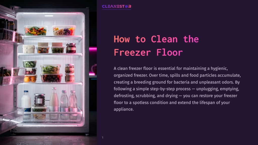 1 How To Clean The Freezer Floor A Clean, Organized Freezer Is Open, Showcasing Shelves Filled With Clear Containers Of Fresh Produce And Jars Of Food. The Text &Quot;Cleanestor How To Clean The Freezer Floor&Quot; Is Overlaid On The Image.