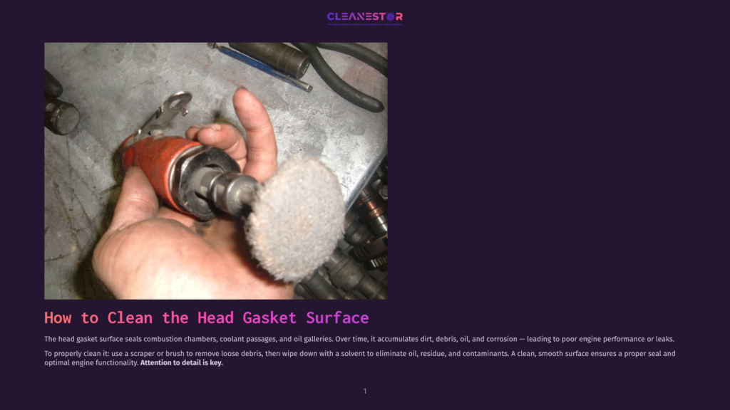 Close-Up Of A Hand Using A Rotary Tool With A Wire Brush Attachment To Clean A Metal Engine Head Gasket Surface. The Text &Quot;How To Clean The Head Gasket Surface&Quot; Is Visible.