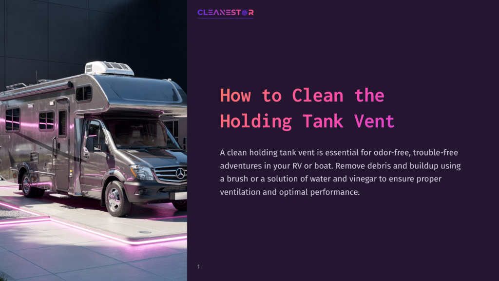 1 How To Clean The Holding Tank Vent A Sleek, Modern Rv Is Parked On A Dark Surface Illuminated By Vibrant Pink And Purple Neon Lights. The Text &Quot;Cleanestor&Quot; And &Quot;How To Clean The Holding Tank Vent&Quot; Is Displayed On The Right Side Of The Image.