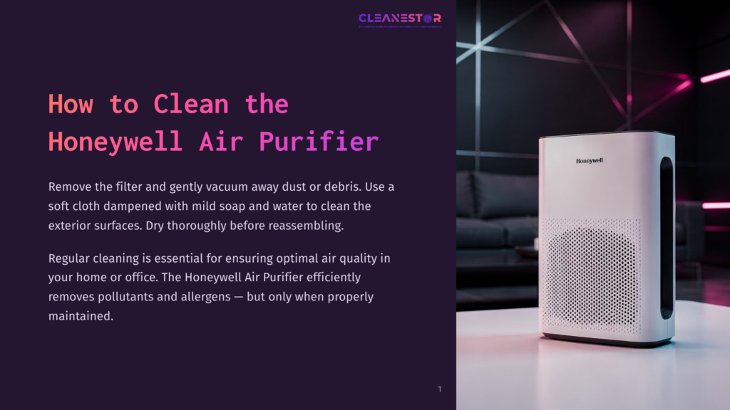 A White Honeywell Air Purifier Sits On A Table In Front Of A Dark, Moody Background With Pink And Purple Lighting. The Text &Quot;How To Clean The Honeywell Air Purifier&Quot; Is Visible On The Left.