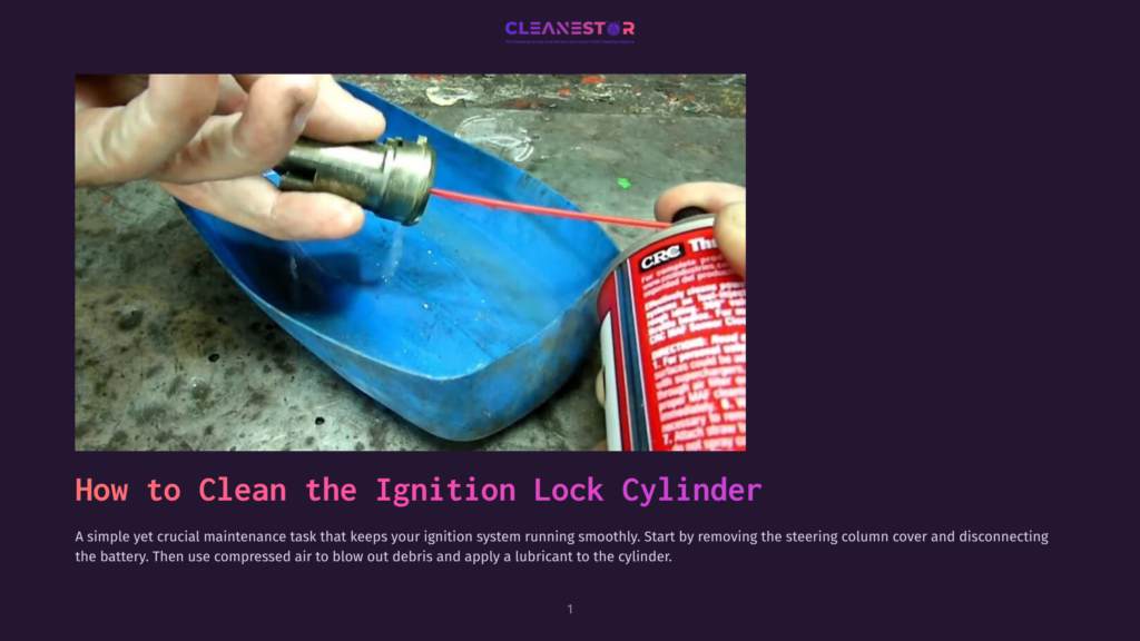 A Person Using A Can Of Compressed Air To Clean The Ignition Lock Cylinder, Which Is Inside A Blue Container With A Red Wire Attached, While Wearing A Blue Glove.