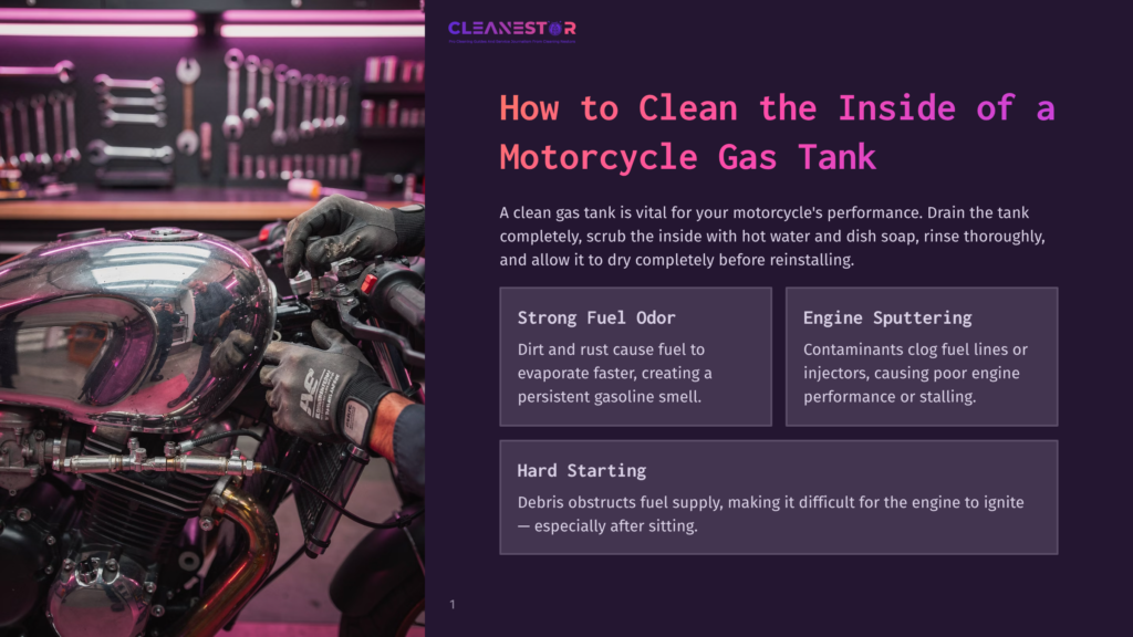 A Person In Black Gloves Works On The Chrome Gas Tank Of A Motorcycle, With A Toolbox And Wrenches In The Blurred Background. The Text &Quot;Cleanestor&Quot; And &Quot;How To Clean The Inside Of A Motorcycle Gas Tank&Quot; Is Visible.