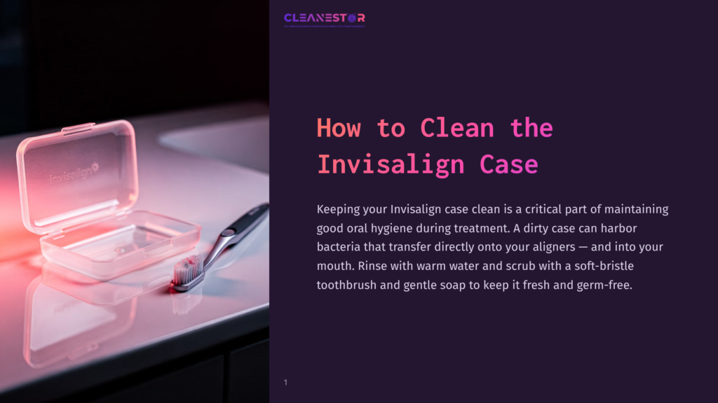 1 How To Clean The Invisalign Case An Open Clear Invisalign Case With A Toothbrush Inside, Resting On A Reflective Surface With A Purple Background And &Quot;How To Clean The Invisalign Case&Quot; Text In Pink.