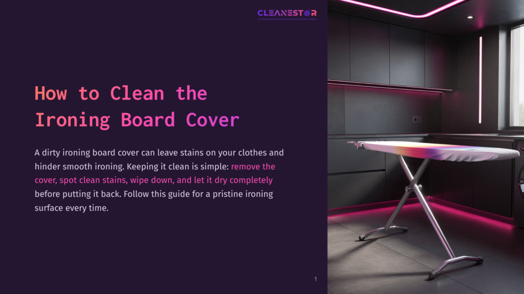 1 How To Clean The Ironing Board Cover A Modern, Sleek Ironing Board Cover, Metallic In Appearance, Stands On A Tiled Floor With Soft Pink Lighting Illuminating The Workspace. The Room Features A Dark, Chic Aesthetic With High Gloss Cabinets And An Illuminated Power Outlet. Text Overlay Reads, &Quot;How To Clean The Ironing Board Cover.