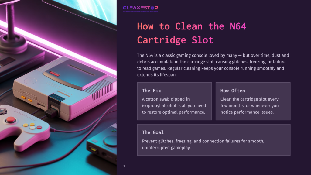 1 How To Clean The N64 Cartridge Slot A Vintage Nintendo 64 Console With A Purple Controller And Joystick Sits On A Desk With A Glowing Pink Light, Ready For Cleaning To Prevent Glitches.