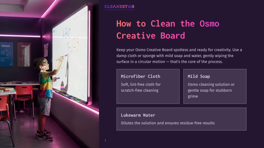 A Young Boy Draws On A Large Interactive Osmo Creative Board In A Classroom Setting, With &Quot;How To Clean The Osmo Creative Board&Quot; And Cleaning Instructions Displayed On A Purple Background.
