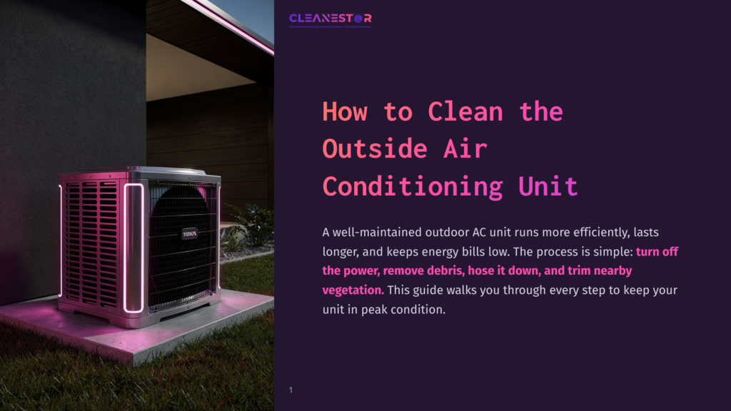 1 How To Clean The Outside Air Conditioning Unit A Modern Outdoor Air Conditioning Unit Glows With Pink And Purple Neon Lights At Dusk, With The Cleanestor Logo And &Quot;How To Clean The Outside Air Conditioning Unit&Quot; Text Visible.