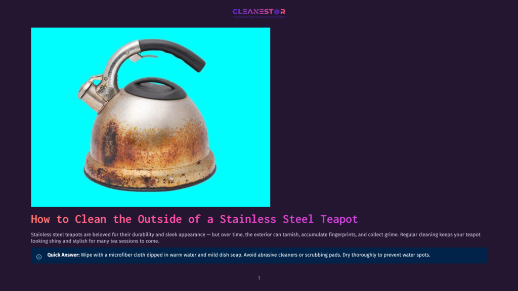 A Heavily Tarnished And Stained Stainless Steel Teapot With A Black Handle Sits Against A Bright Cyan Background. The Title &Quot;How To Clean The Outside Of A Stainless Steel Teapot&Quot; Is Visible Below The Image.