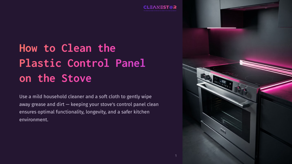 A Modern Black Induction Stove With A Stainless Steel Oven Door, Featuring A Touch Control Panel With Illuminated Pink Accent Lighting. Text On The Left Reads: &Quot;How To Clean The Plastic Control Panel On The Stove.