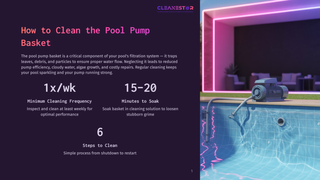 Cleanestor Logo At The Top, With A Guide On How To Clean A Pool Pump Basket. The Main Image Shows A Pool Pump With A Pipe Leading Into A Pool.