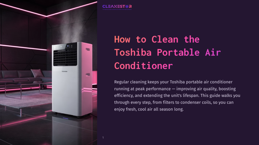 A White Toshiba Portable Air Conditioner Sits In A Modern Living Room With Purple Lighting, Emitting A Gentle Mist. The Text &Quot;How To Clean The Toshiba Portable Air Conditioner&Quot; Is Overlaid On The Right.