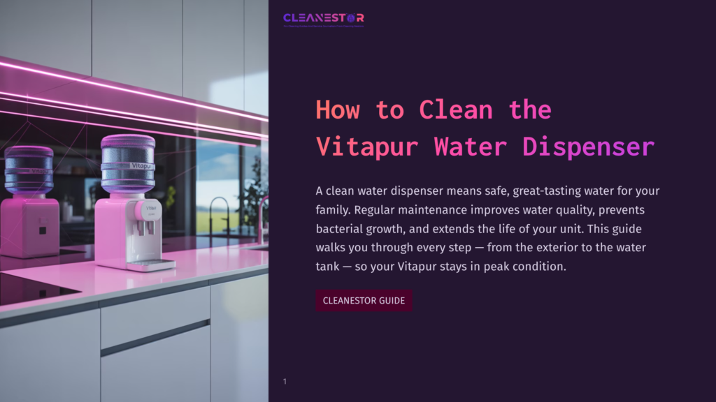 How To Clean The Vitapur Water Dispenser&Quot; Title Card With A Pink Vitapur Water Dispenser On A White Countertop, With A Purple Gradient Background And Neon Pink Lighting.