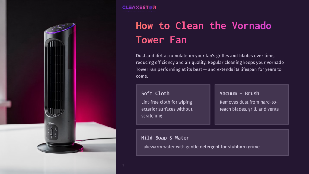 A Sleek, Black Vornado Tower Fan With Purple Led Lights Sits On A White Table, With Text Overlaying The Right Side Of The Image About Cleaning The Fan.