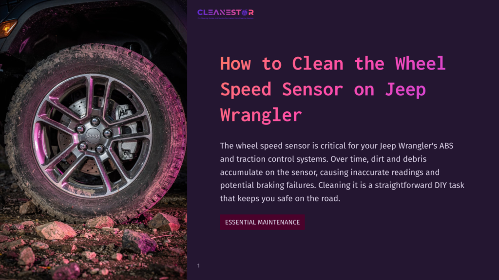 Close-Up Of A Jeep Wrangler Wheel With A Clean Speed Sensor Visible, Set Against A Dark, Textured Background. The Text &Quot;Cleanestor&Quot; And &Quot;How To Clean The Wheel Speed Sensor On Jeep Wrangler&Quot; Is Also Visible.
