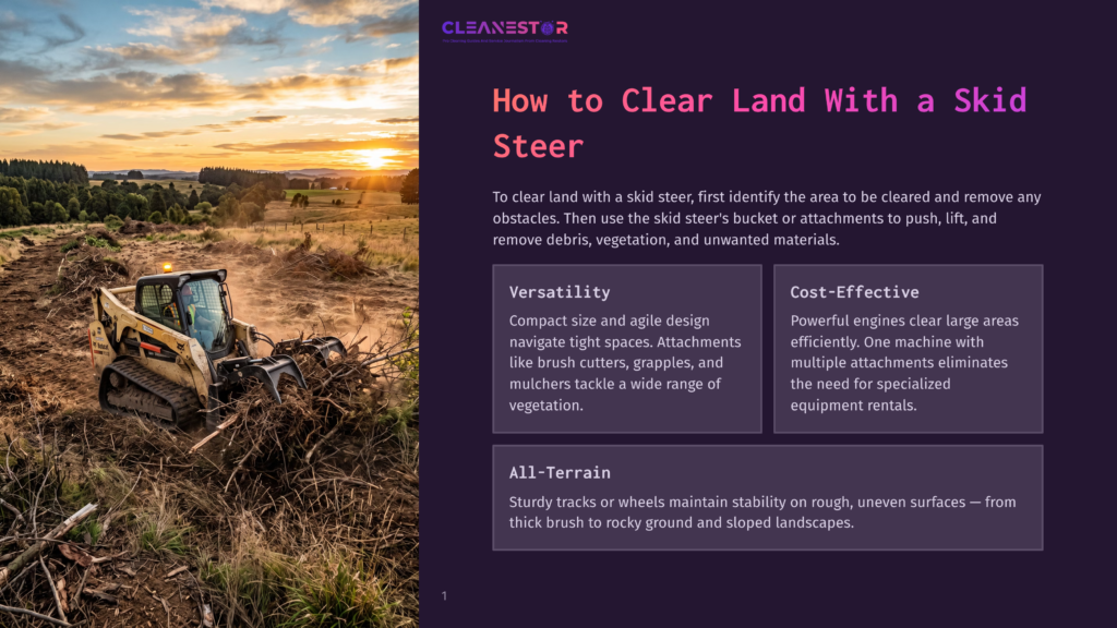 A Yellow Skid Steer Loader With A Grapple Attachment Clears Debris And Brush From A Wooded Landscape At Sunset. The Text &Quot;Cleanestor&Quot; Is Visible.