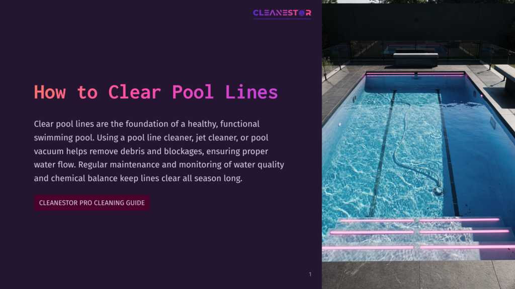 A Modern Swimming Pool With Bright Pink Led Lights Illuminating The Steps And Underwater. The Pool Water Is Clear And Reflects The Lights, With The Text &Quot;How To Clear Pool Lines&Quot; And &Quot;Cleanestor Pro Cleaning Guide&Quot; Overlaid On The Left.