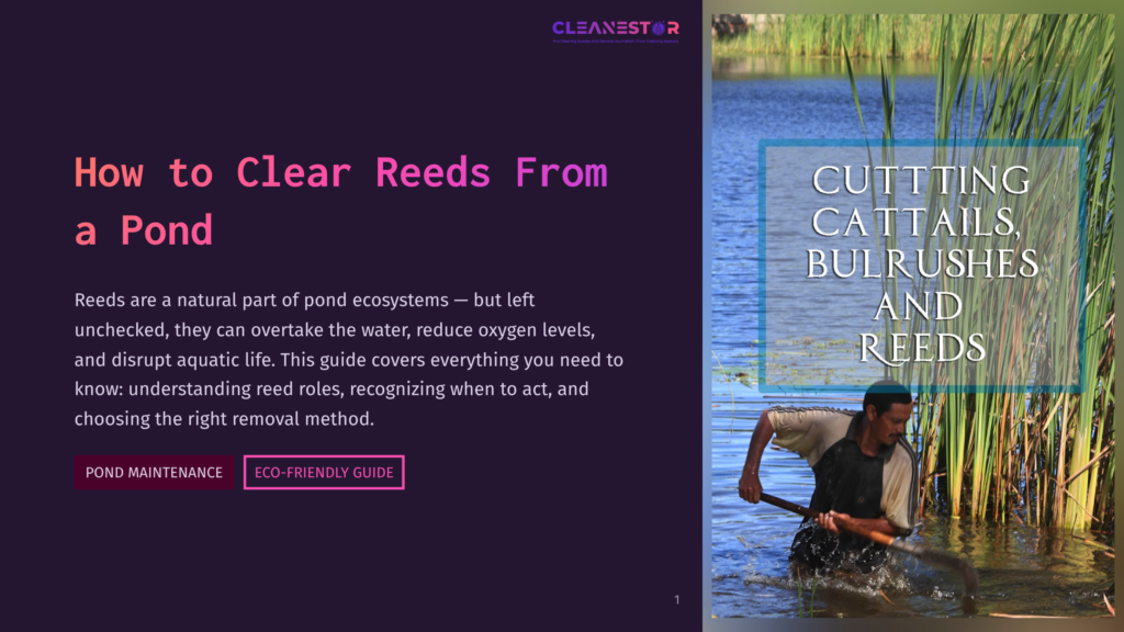 Man In A Black Shirt And Shorts Wading In A Pond, Using A Tool To Clear Cattails, Bulrushes, And Reeds. The Text &Quot;Cutting Cattails, Bulrushes And Reeds&Quot; Is Visible.