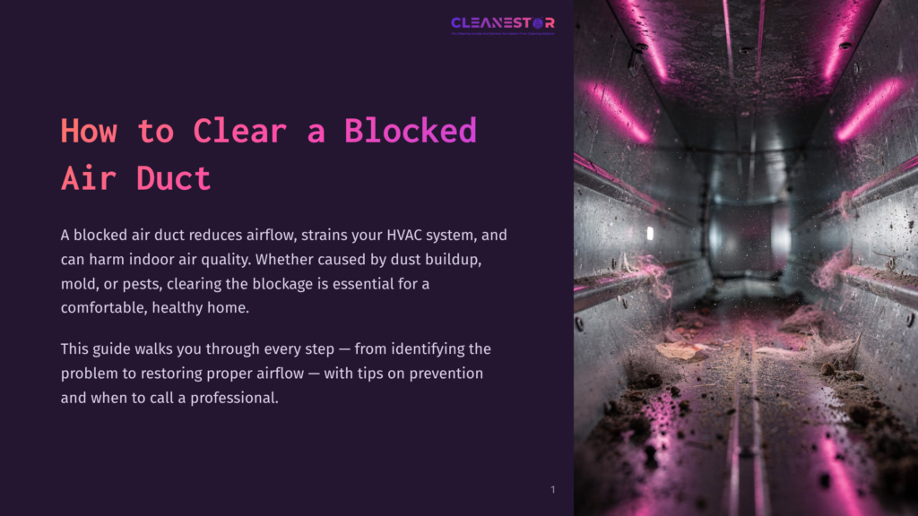 Inside A Dirty, Metallic Air Duct With Dust Bunnies And Debris, Illuminated By Pink Uv Lights. Text Overlay: &Quot;Cleanestar How To Clear A Blocked Air Duct.