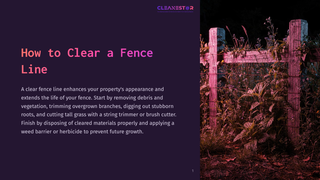 A Weathered Wooden Fence Post And Wire, Overgrown With Vines And Weeds, Stands In A Field At Dusk. The Text &Quot;How To Clear A Fence Line&Quot; Is Overlaid On The Left.