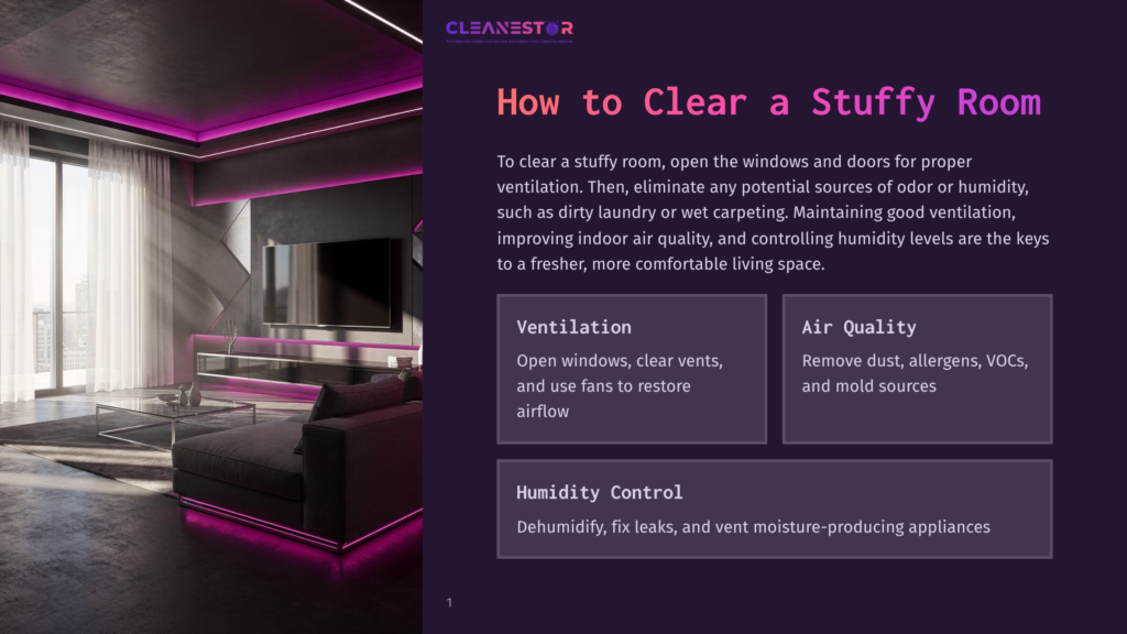 Modern Living Room With Sleek Sofa, Large Tv, And Ambient Purple Lighting. Text Overlay: &Quot;Cleanestor How To Clear A Stuffy Room.