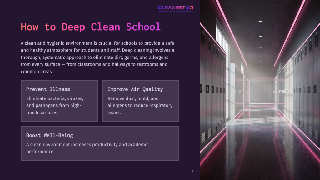 A Modern School Hallway With Rows Of Lockers, Illuminated By Pink Neon Lights, Suggesting A Deep Clean Environment For Students And Staff.