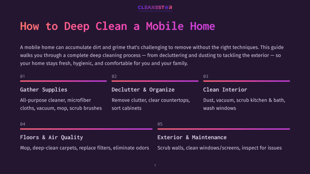 A Dark Purple Graphic With The Title &Quot;How To Deep Clean A Mobile Home&Quot; Lists Steps: 1. Gather Supplies, 2. Declutter &Amp; Organize, 3. Clean Interior, 4. Floors &Amp; Air Quality, 5. Exterior &Amp; Maintenance.